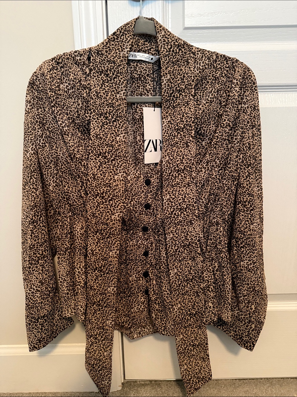 ZARA Leopard-Print Tie-Front Blouse - Tan & Black
